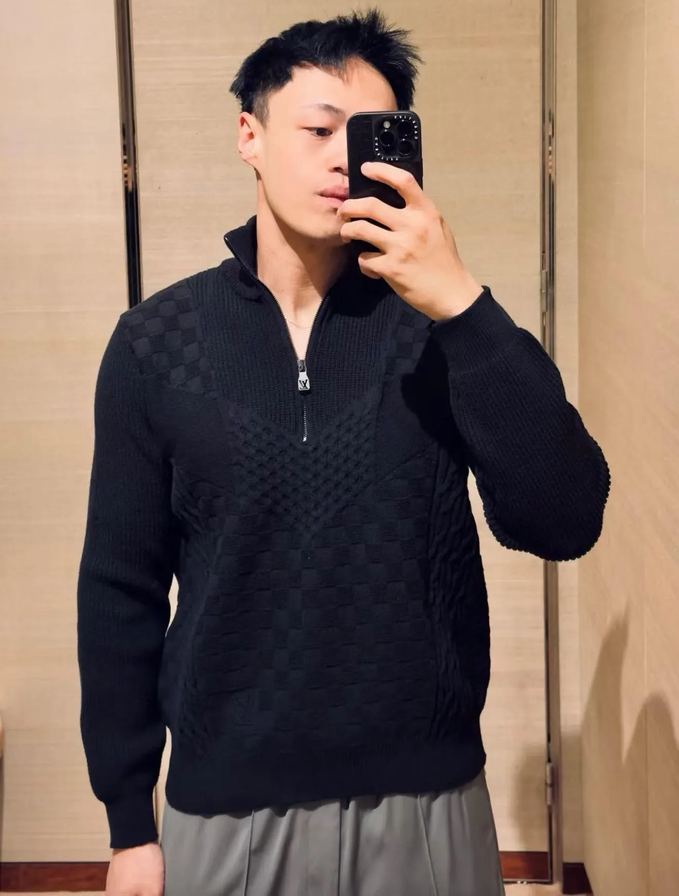 Louis Vuitton/Louis Vuitton Damier cable half-zip turtleneck sweater